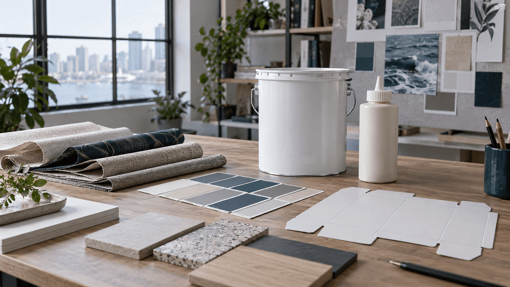Illustrative materials studio with product packaging and surface samples