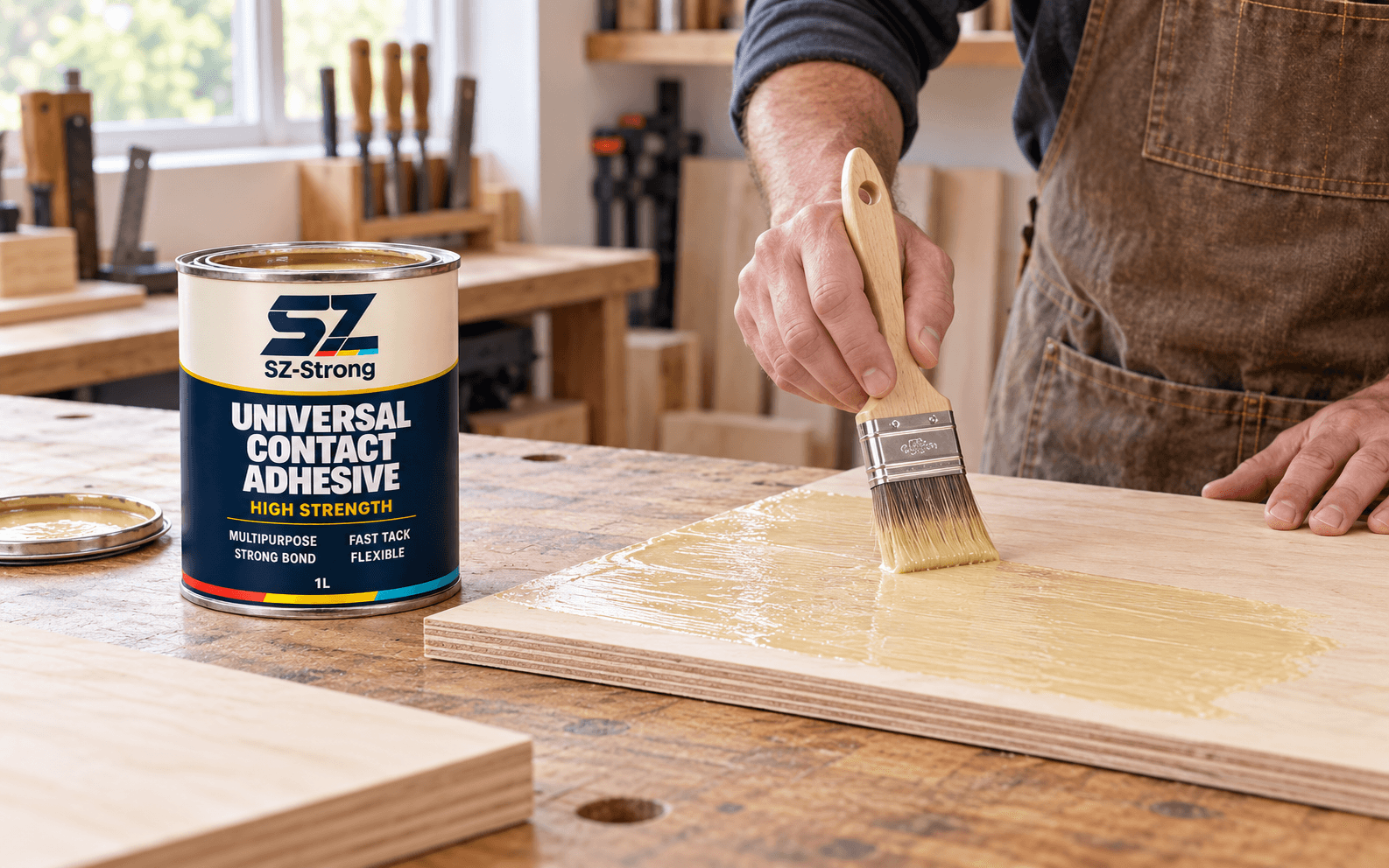 Contact adhesive being brushed onto a prepared panel surface