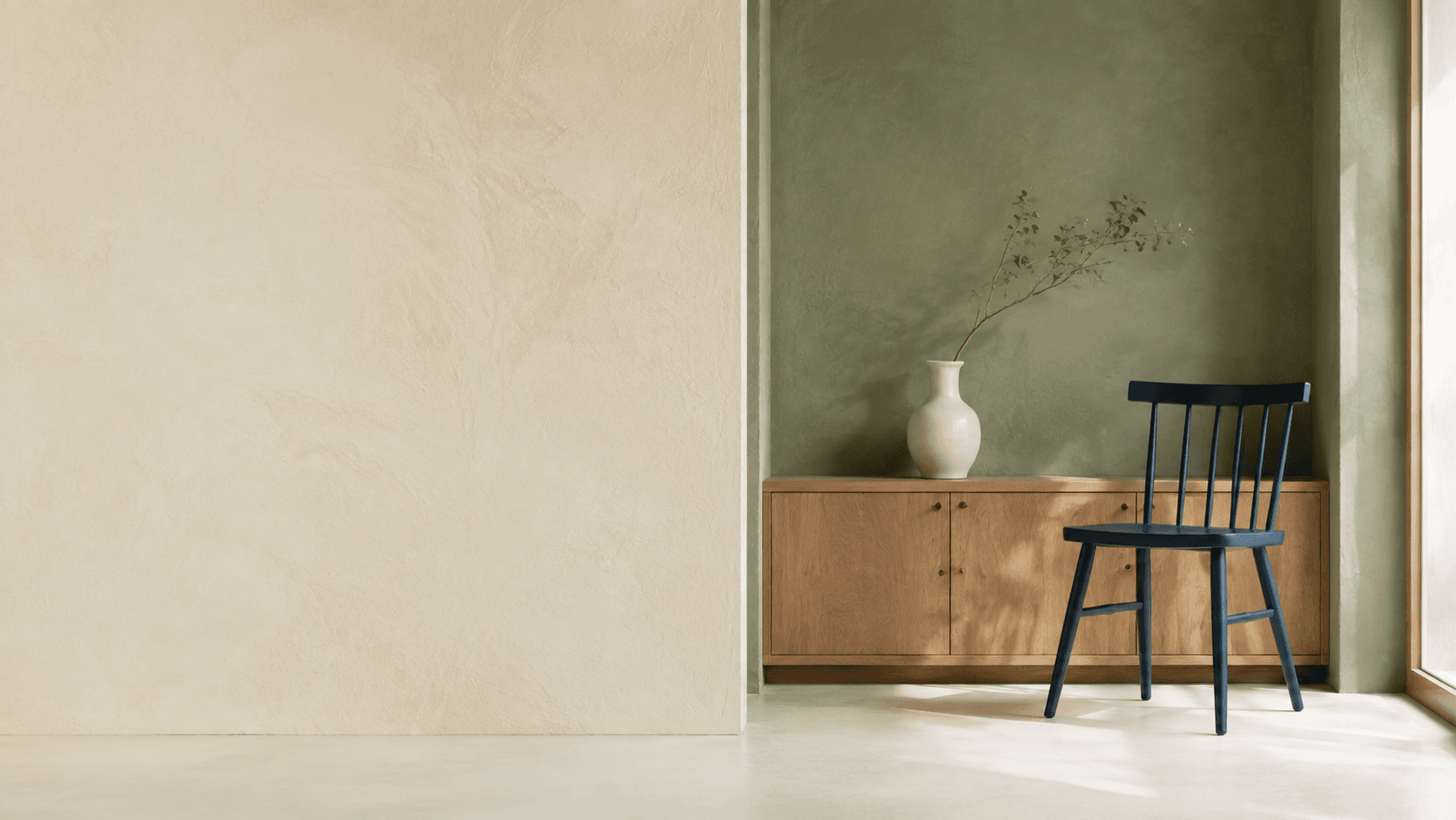 Illustrative interior with cream textured walls and sage finishes