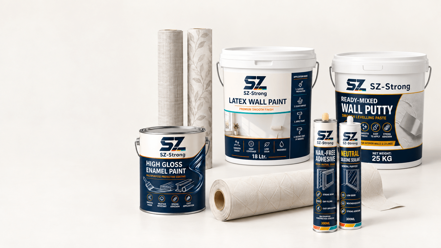 SZ-Strong latex wall paint, ready-mixed wall putty, enamel paint, adhesives and wallpaper rolls
