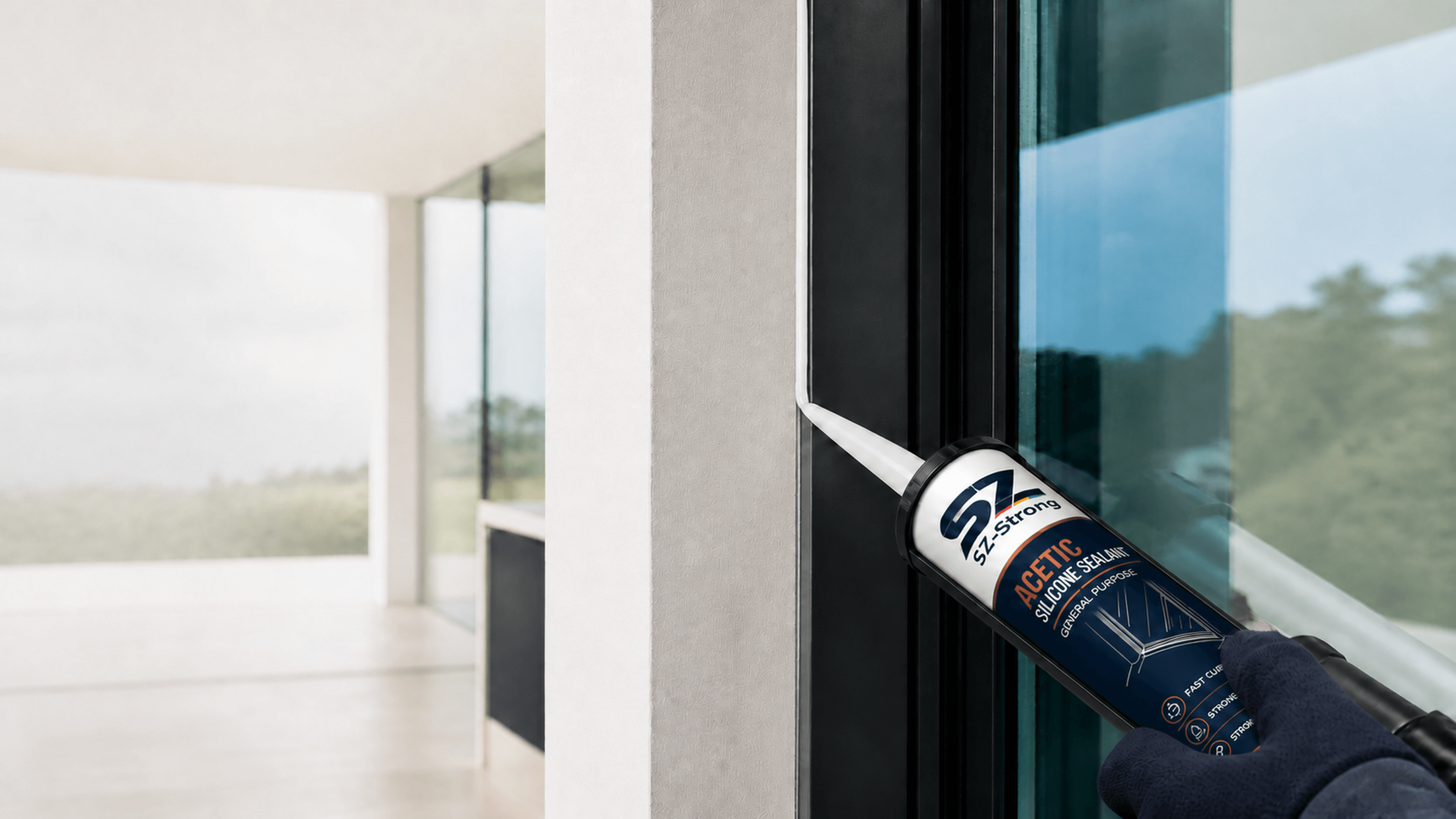 Sealant cartridge applying silicone along a glass window frame