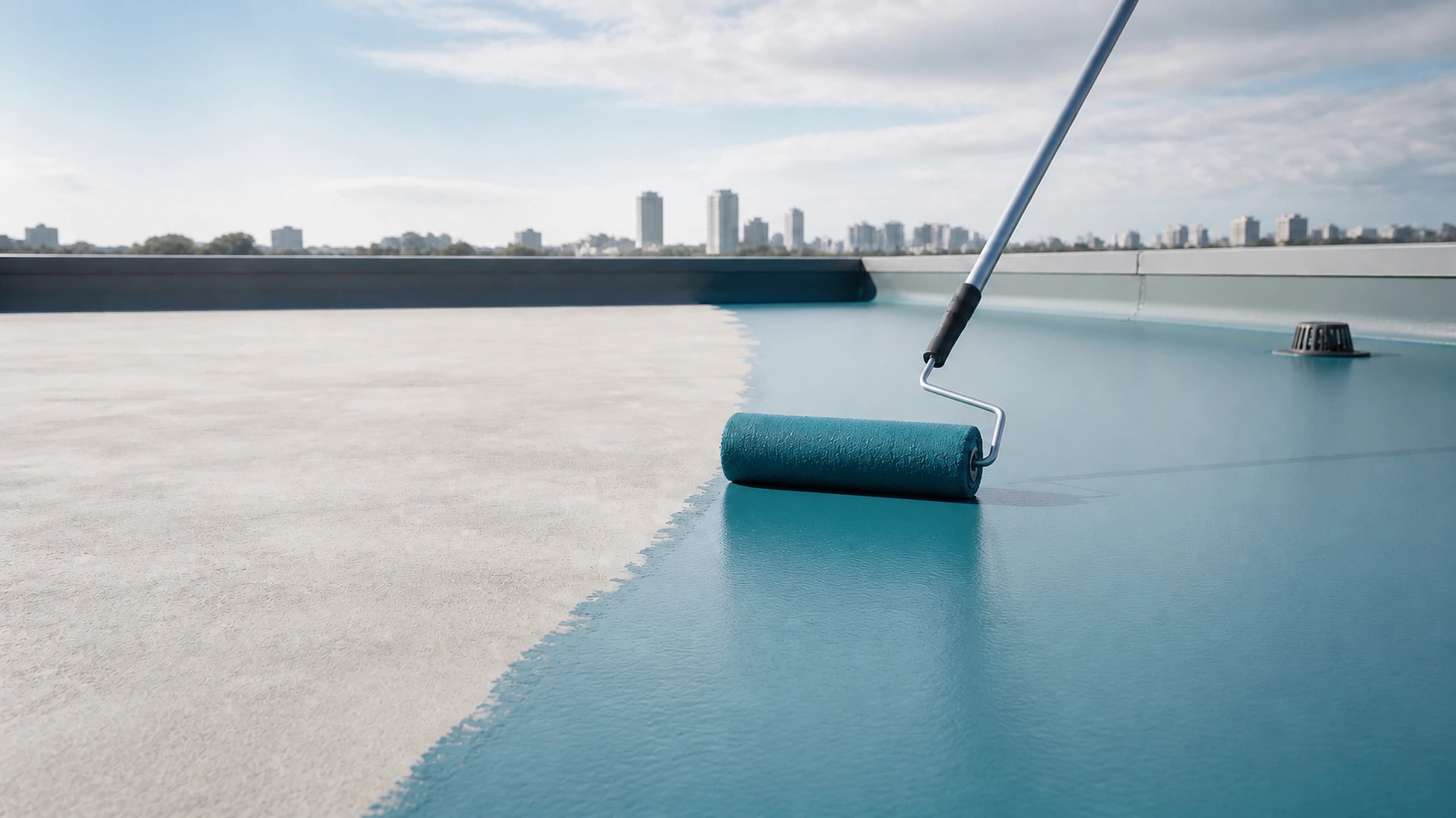 Roller applying a blue waterproof coating across a prepared flat roof