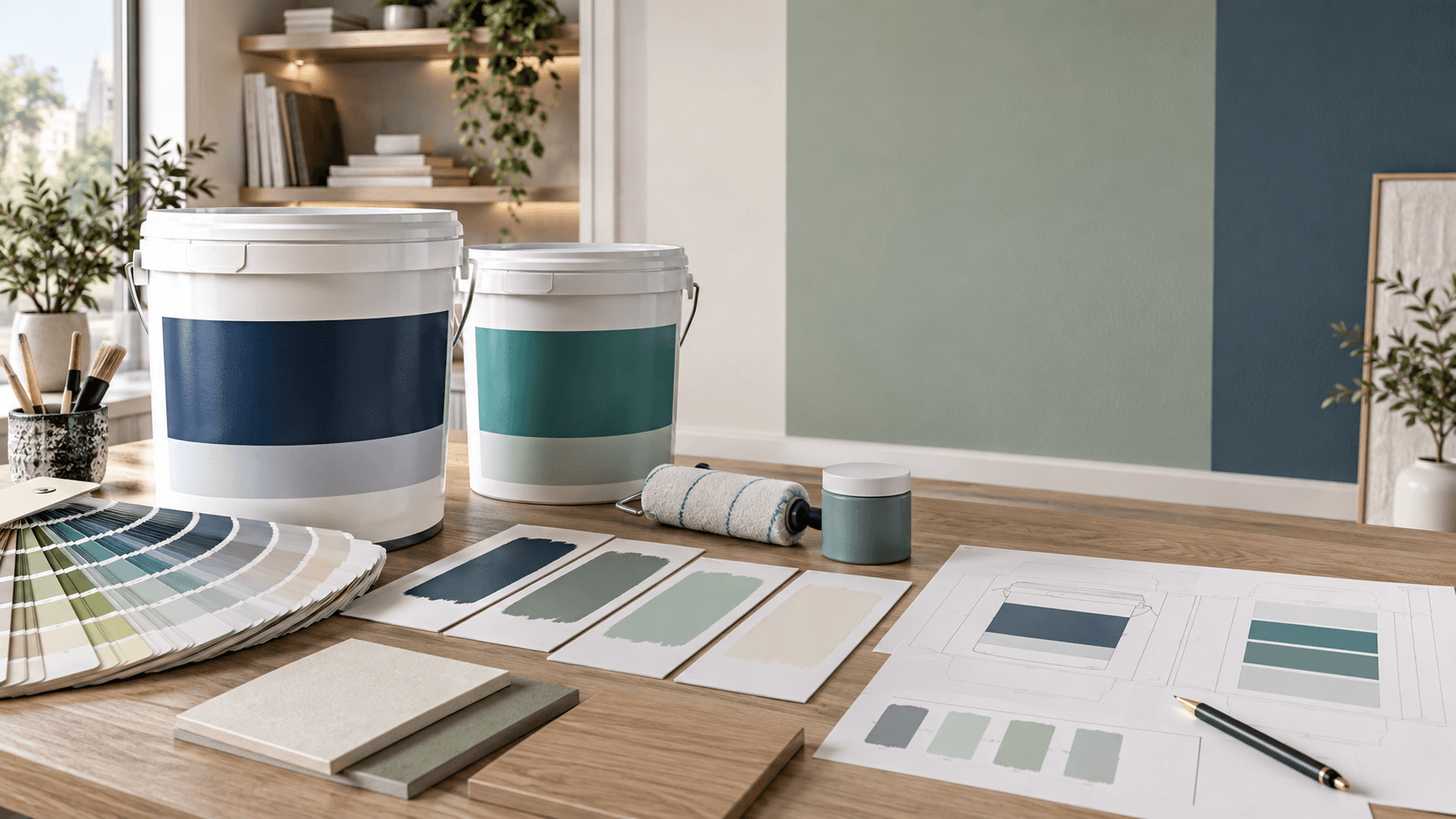 Private label wall paint pails, colour cards and application tools in a contemporary paint specification studio