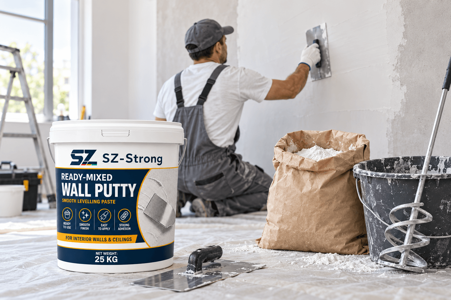 SZ-Strong ready-mixed wall putty beside powder putty and mixing tools while a contractor smooths an interior wall