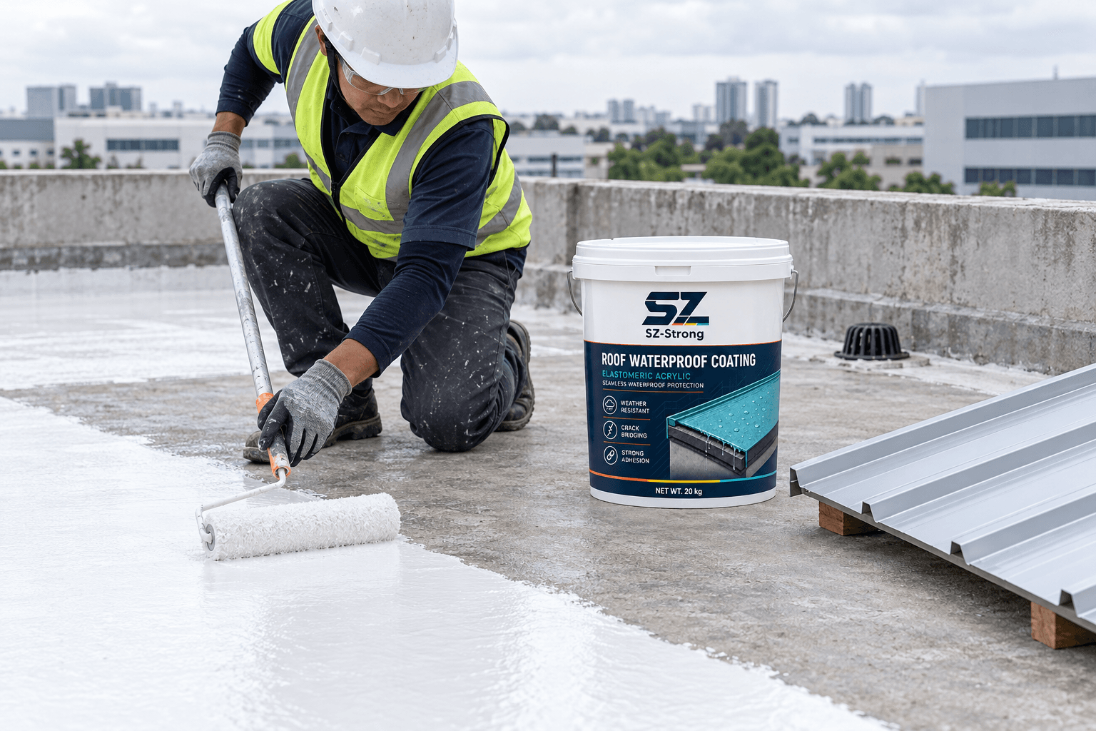 Contractor applying white SZ-Strong roof waterproof coating to a prepared concrete roof beside a metal roofing sample