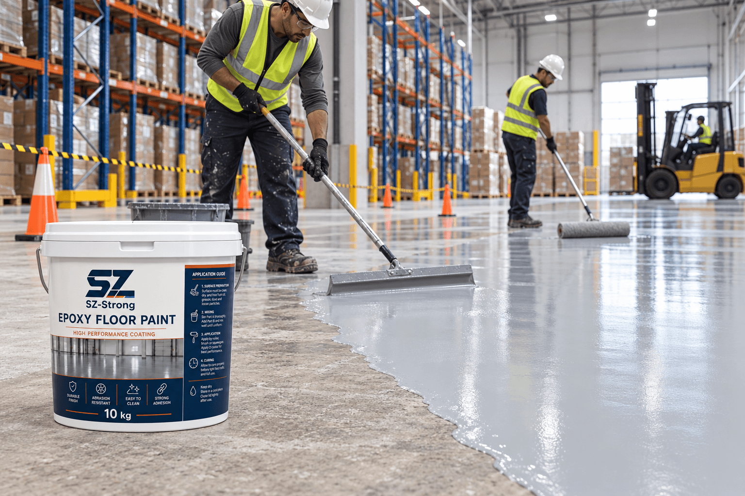 Professional crew applying grey SZ-Strong epoxy floor coating to prepared concrete inside a warehouse