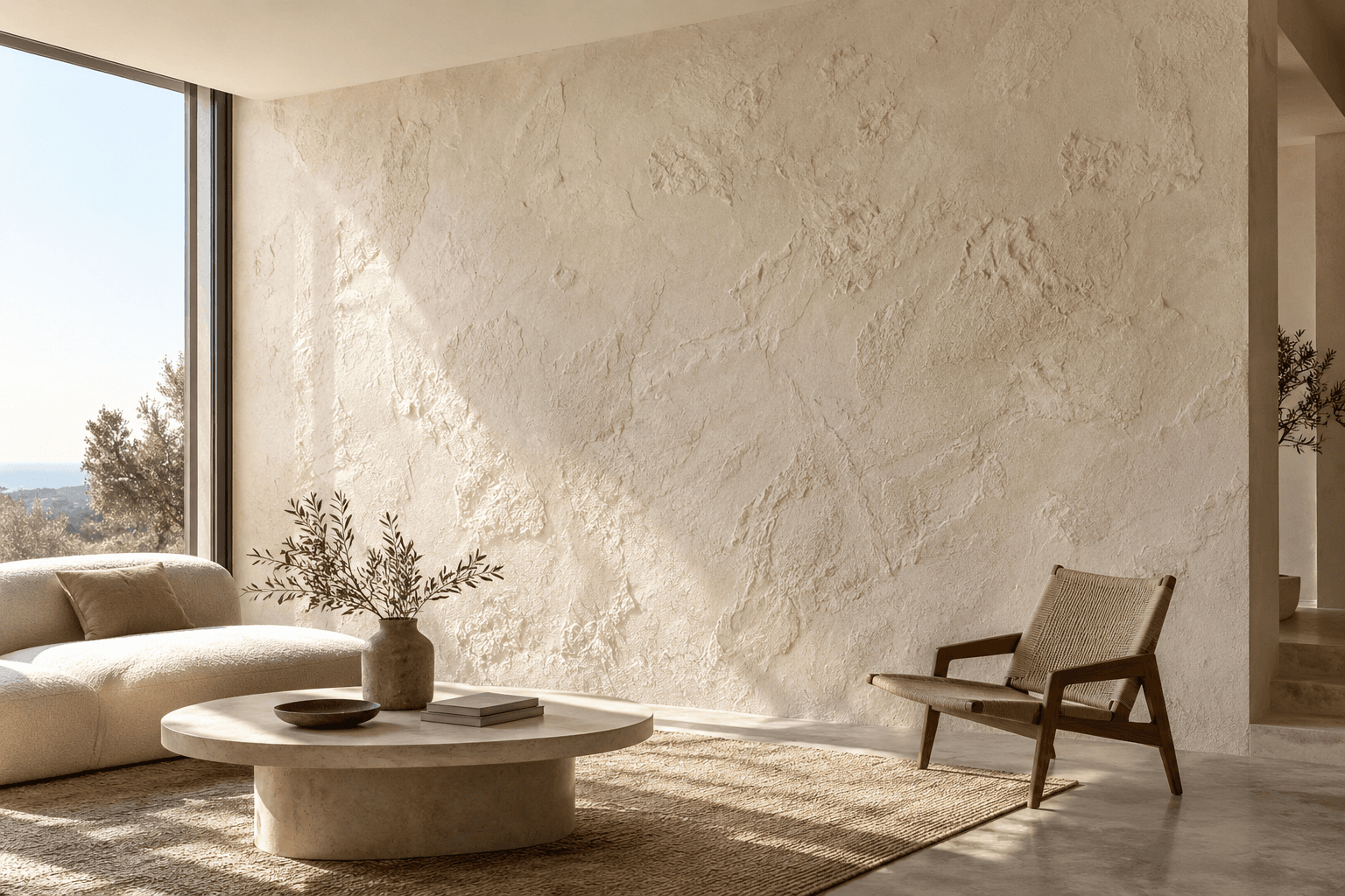Finished interior feature wall with a continuous hand-trowelled stone-effect texture