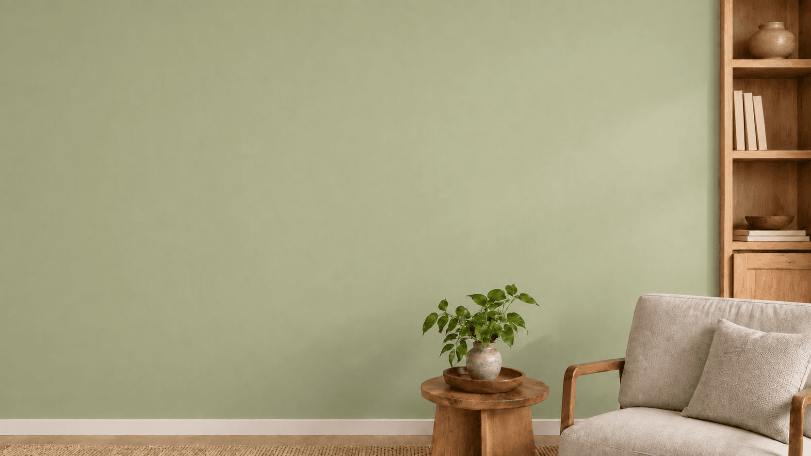 Green interior wall finish with a relaxed seating area