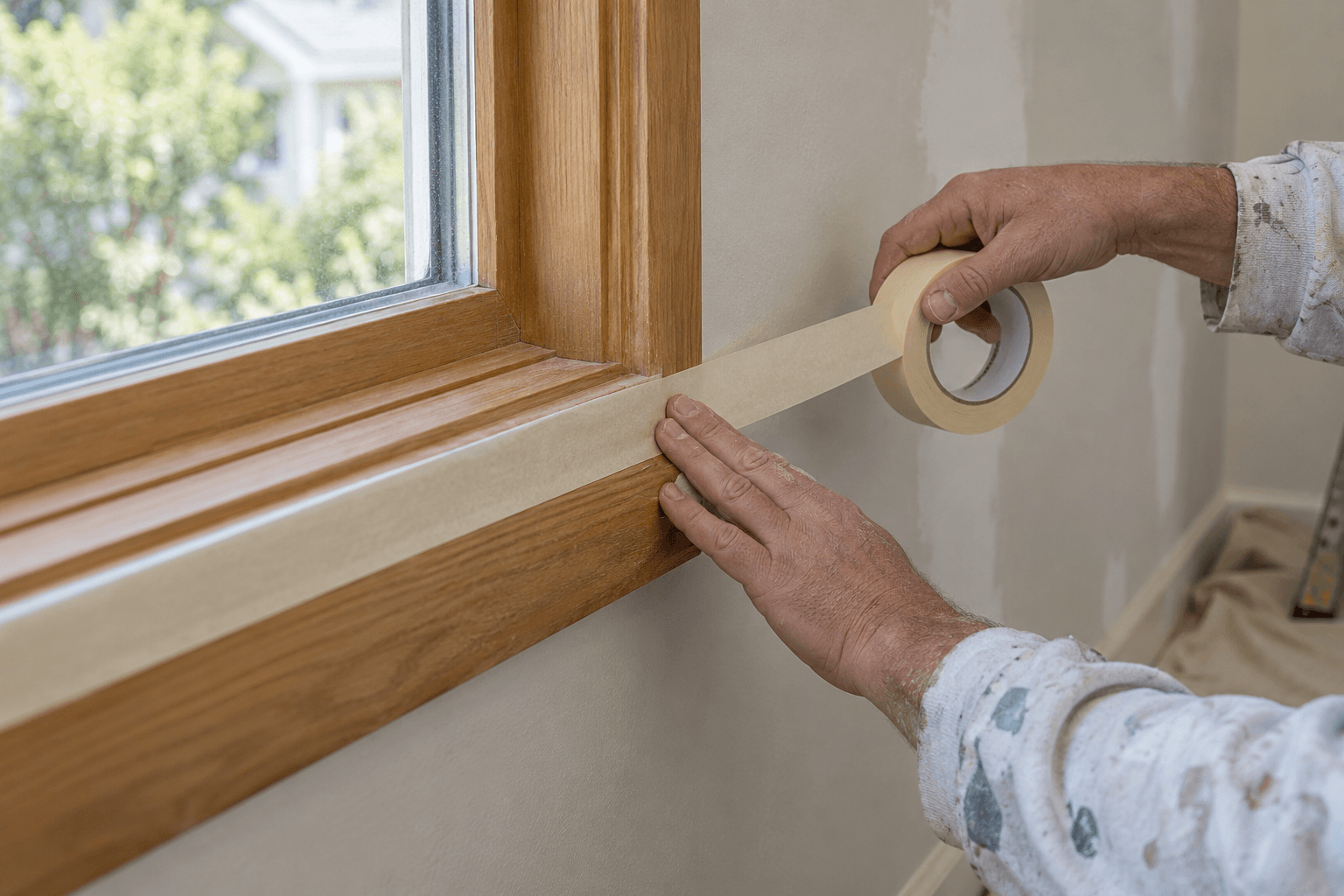 Painter applying beige paper masking tape along wooden window trim