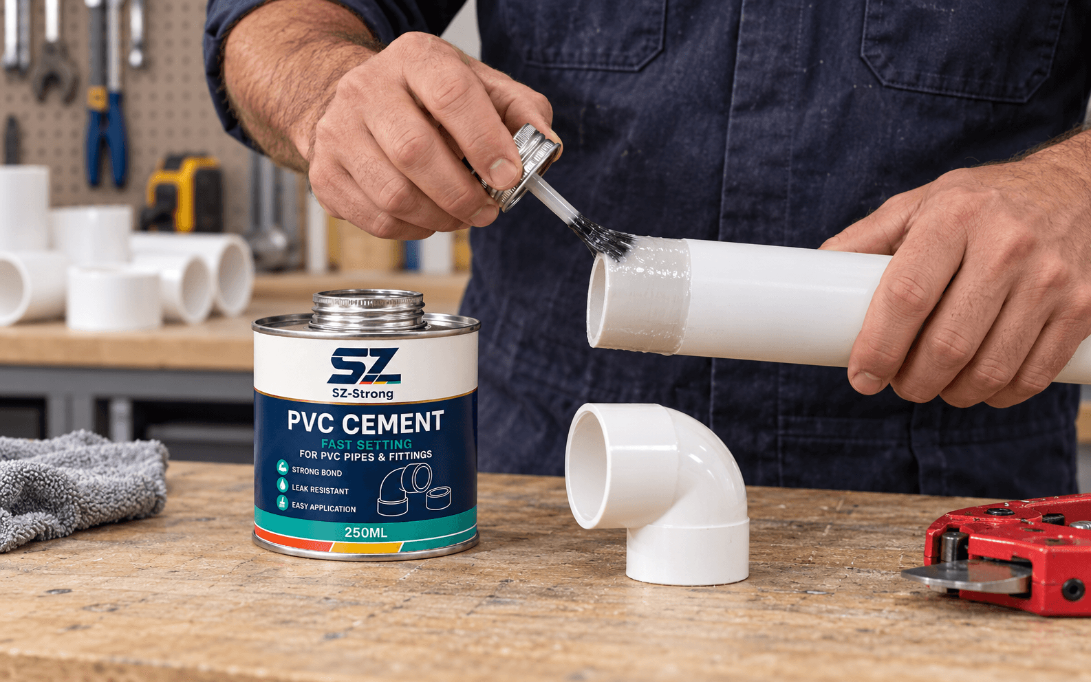 PVC cement being applied to a prepared PVC pipe and fitting