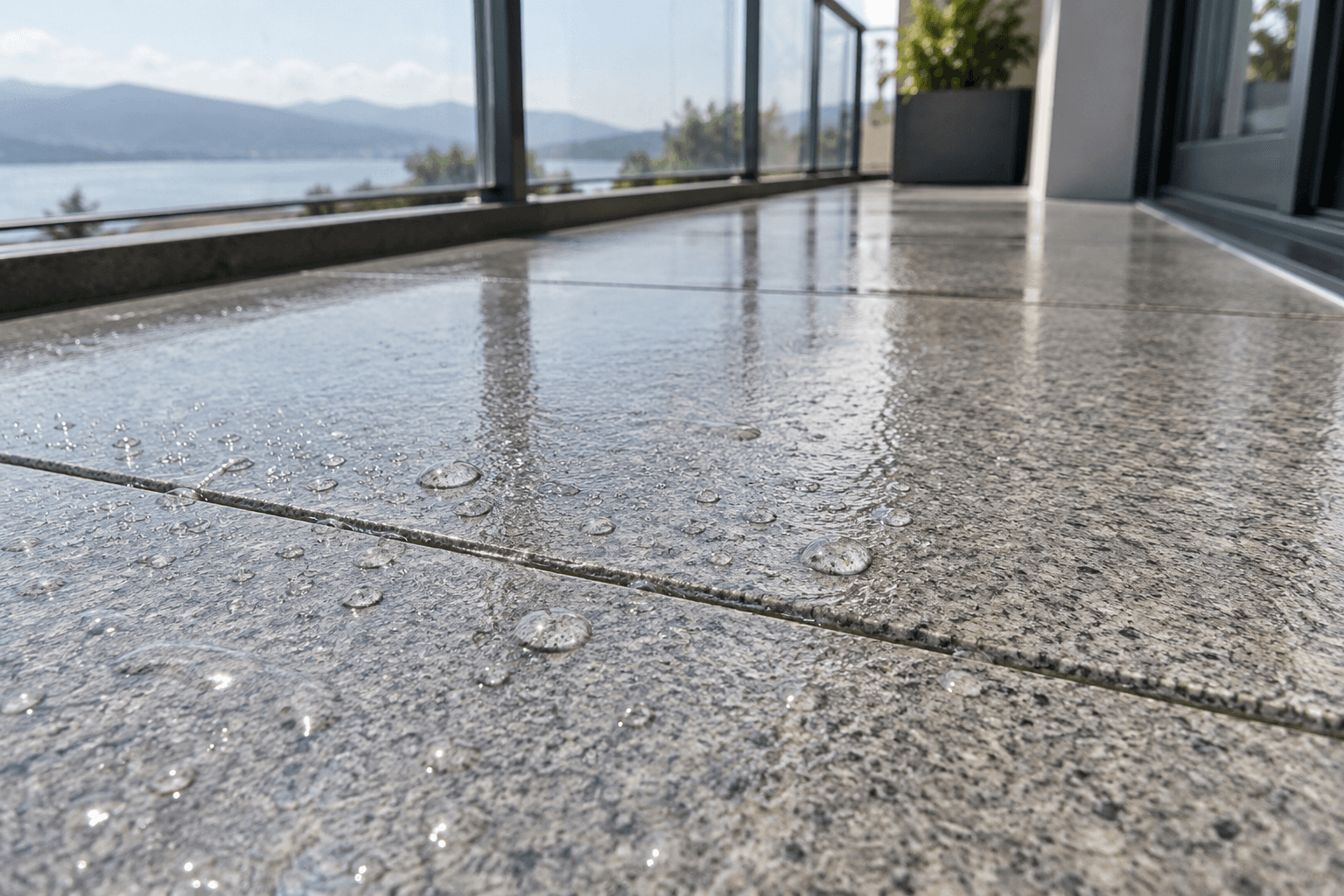 Water droplets beading on a finished balcony surface after clear waterproof coating